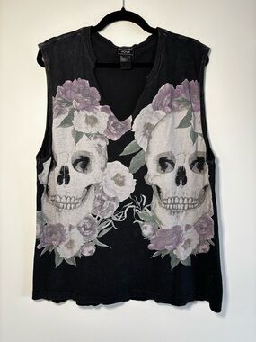 Midnight Hour Women's Black Sleeveless Tank with Skull & Purple Floral Print